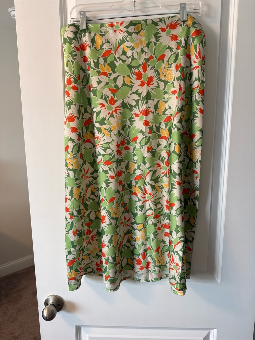 Floral Green Orange Yellow White A-Line Midi Skirt Elastic Waist, Women’s XL